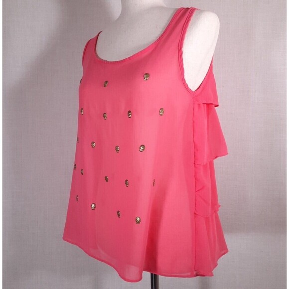 Rapsodia Layered Pink Mesh Tank with Gold Skull Medallions Ruffled Back X-Small - Picture 1 of 15